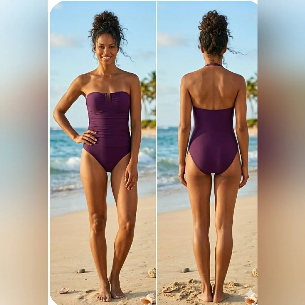 New Purple Tummy Control Vacation Ready Convertible Straps Slimming Swimsuit - Picture 2 of 6